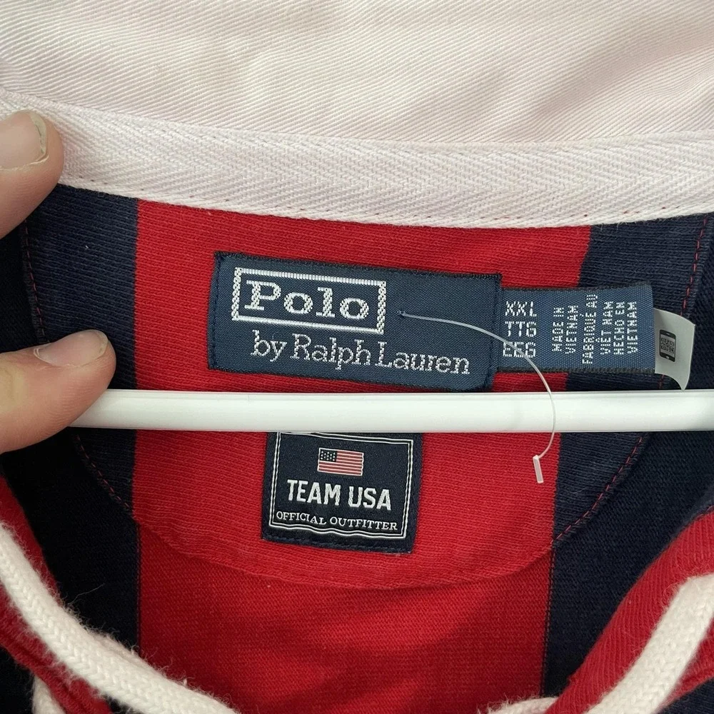 Team USA Rugby Shirt Mens 2XL Blue Red Olympic Polo Ralph Lauren Tie Placket